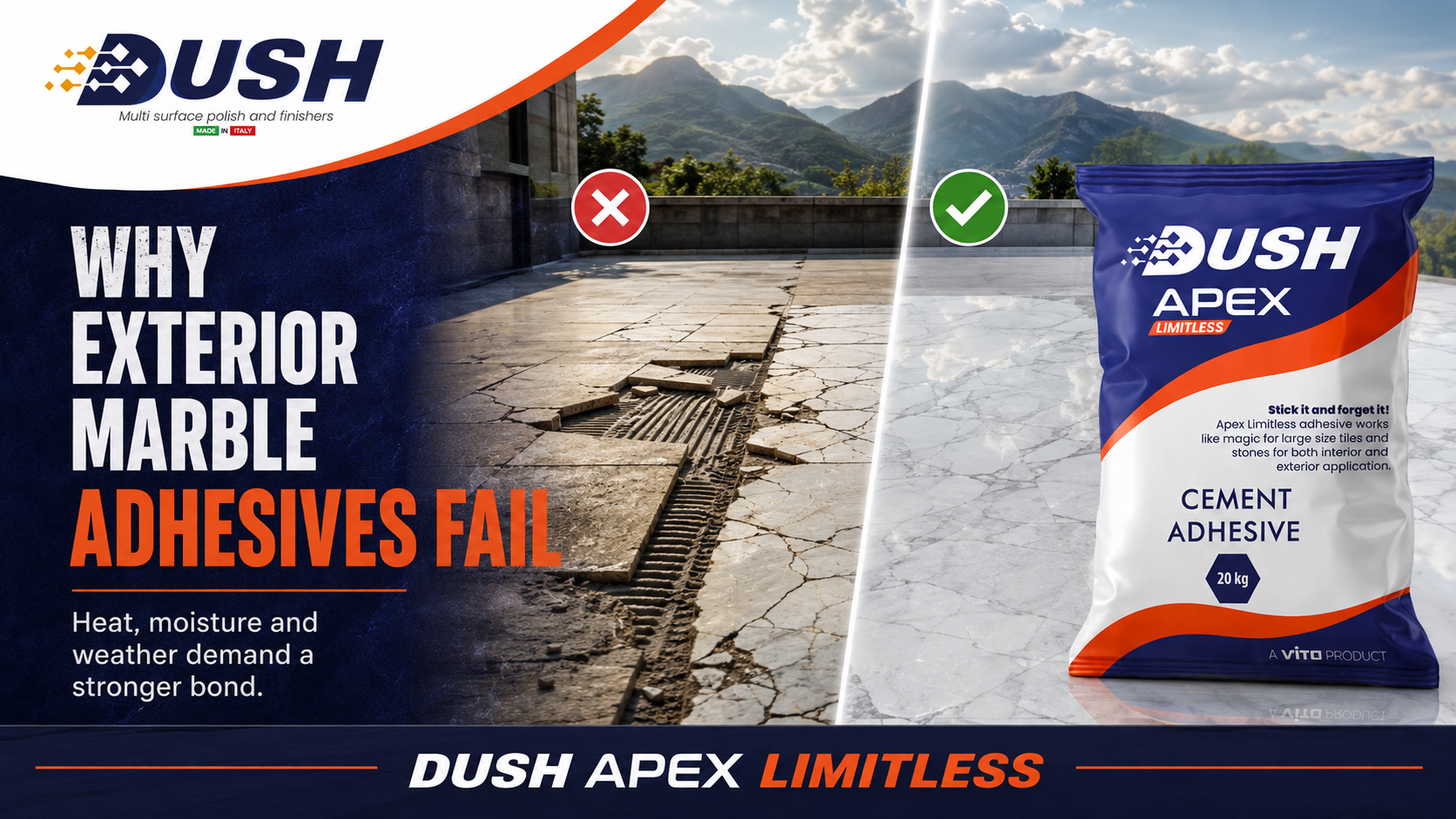 DUSH APEX LIMITLESS marble adhesive brand for large-format slabs and premium Indian projects
