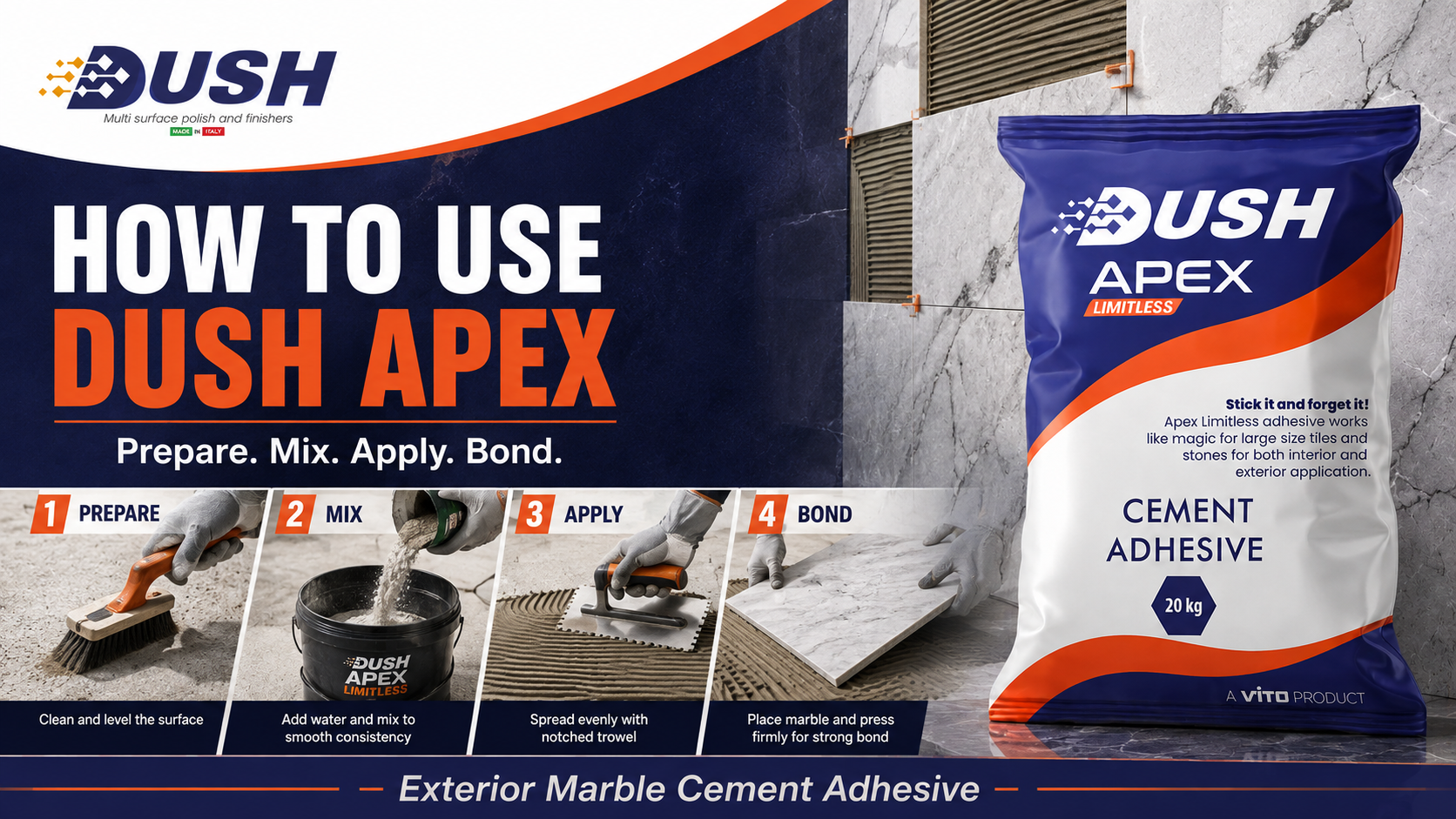 DUSH APEX LIMITLESS brand identity for premium marble adhesive available across India