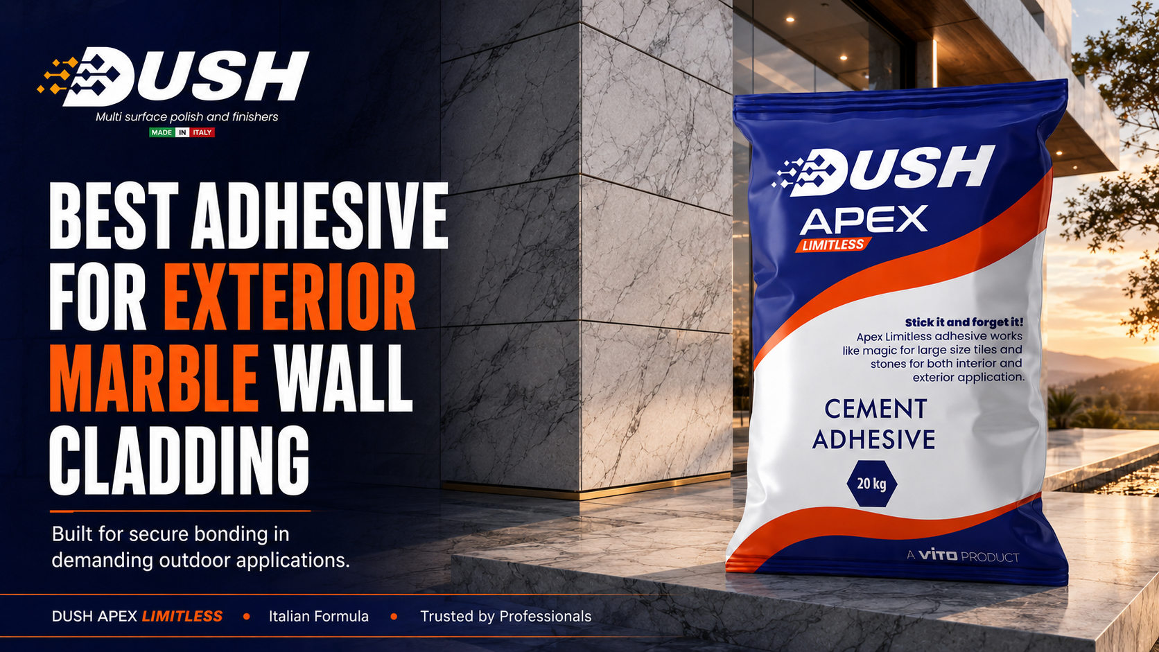 DUSH APEX LIMITLESS white polymer-modified adhesive for Italian marble installation
