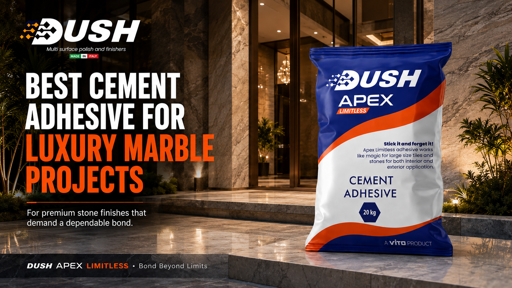 DUSH APEX LIMITLESS white adhesive for Statuario Carrara Calacatta and pale marble