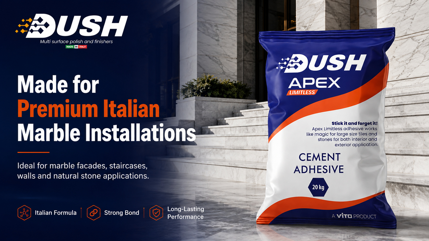 DUSH APEX LIMITLESS white marble adhesive for modern luxury interiors and stone flooring