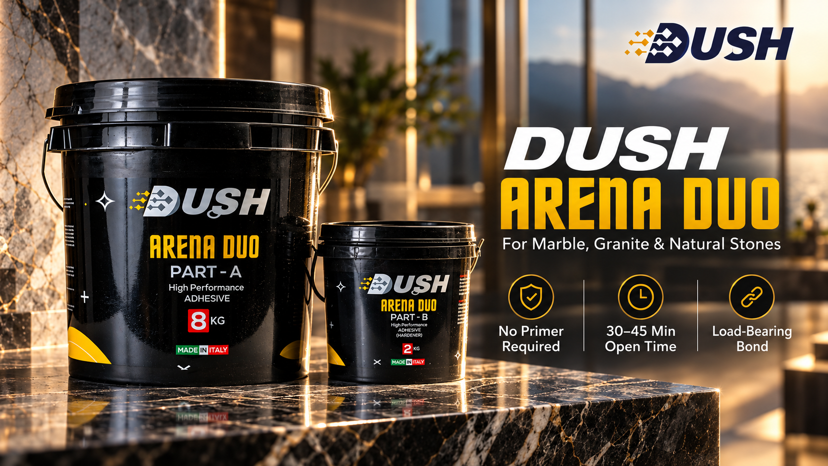 DUSH Arena product visual for marble and natural stone bonding